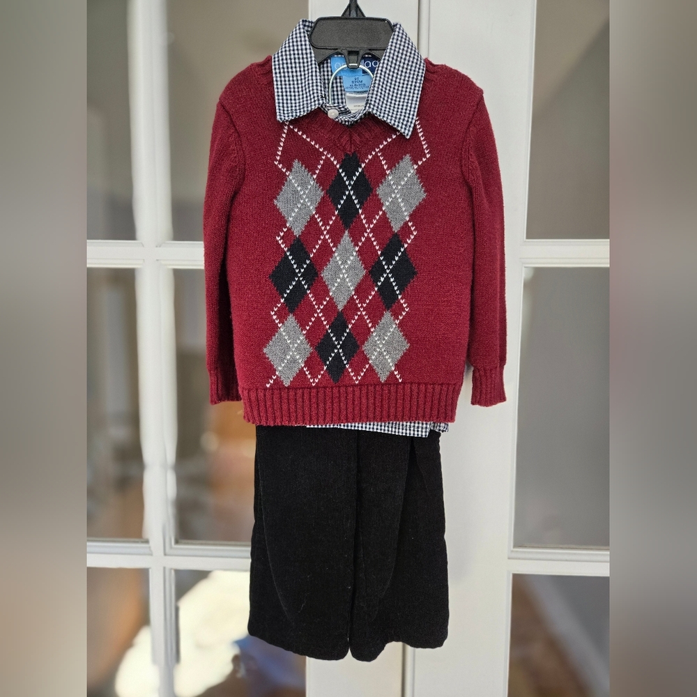Good Lad Red and Black Argyle Sweater Set, Button Down Shirt, and Pant